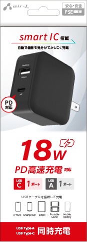 PD18W AC[d USB-A×1^Type-C×P BK GA[WFC ubN AKJ18WPD2BK [2|[g /USB Power DeliveryΉ]